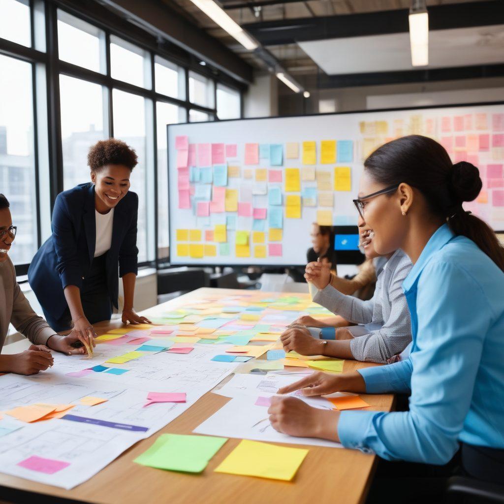 A diverse group of professionals engaged in a collaborative brainstorming session, surrounded by sticky notes and blueprints on talent sourcing strategies. In the background, a pathway leading toward a bright, welcoming office space symbolizes the journey of career success. A digital screen displaying job opportunities and a globe to represent global talent sourcing. Soft morning light filtering through large windows adds a warm atmosphere. bright colors. modern corporate style.